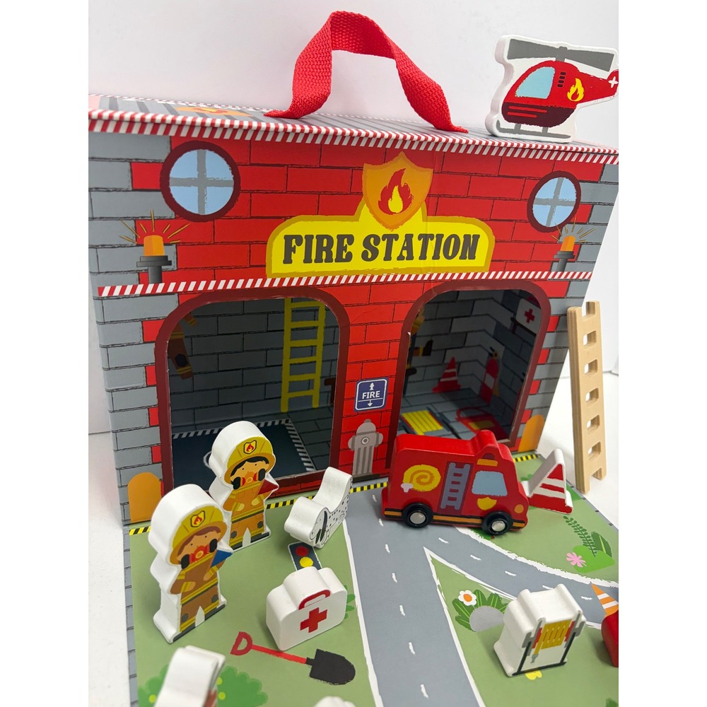 Mud Pie Fire Station Wood Play Set House Story Box Kids Toy Portable Carry Case - Picture 3 of 6